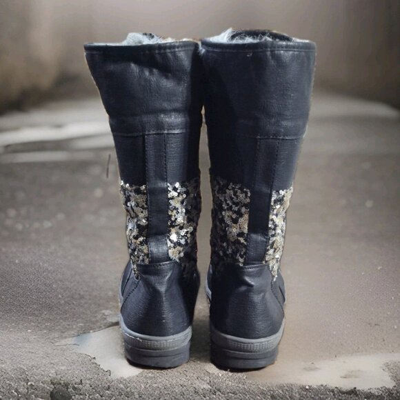 Justice Girls  Black Fur-lined Lace-up Fold Winter Boots W/Sequins Size 8 - Picture 5 of 8